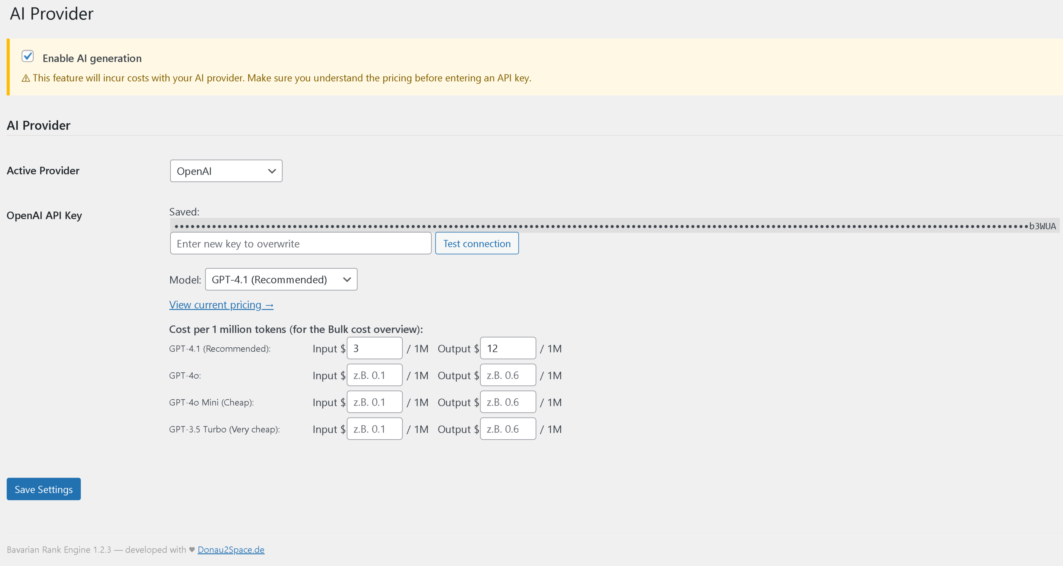 AI Provider settings — OpenAI, Anthropic, Gemini, Grok with API key input