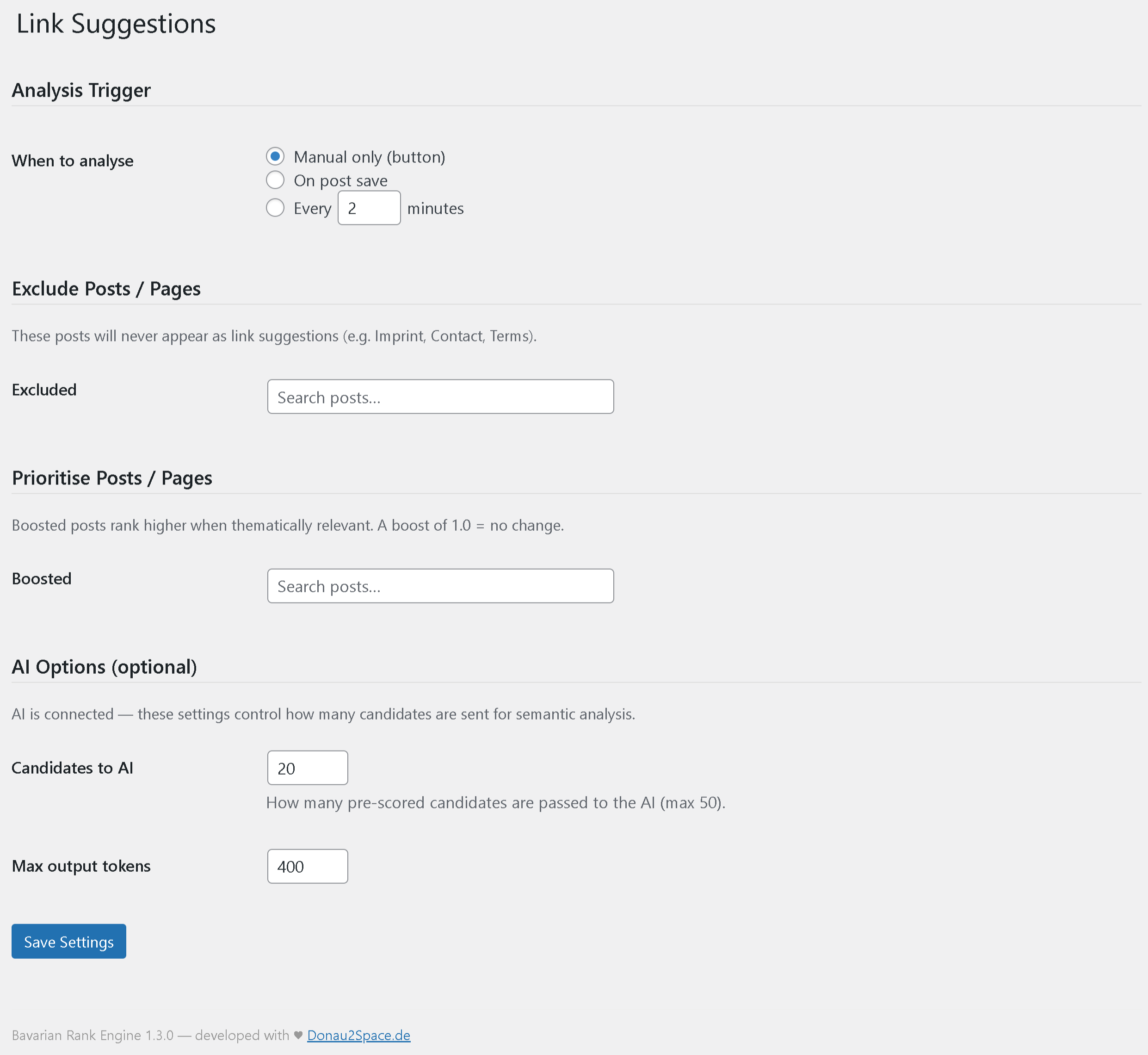 Link Suggestions settings — trigger mode, excluded and boosted posts
