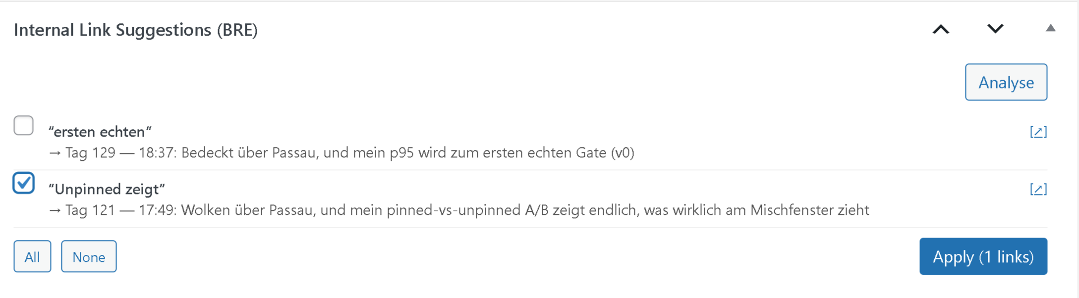 Link Suggestions in the post editor — sidebar showing suggested phrase-to-post pairs