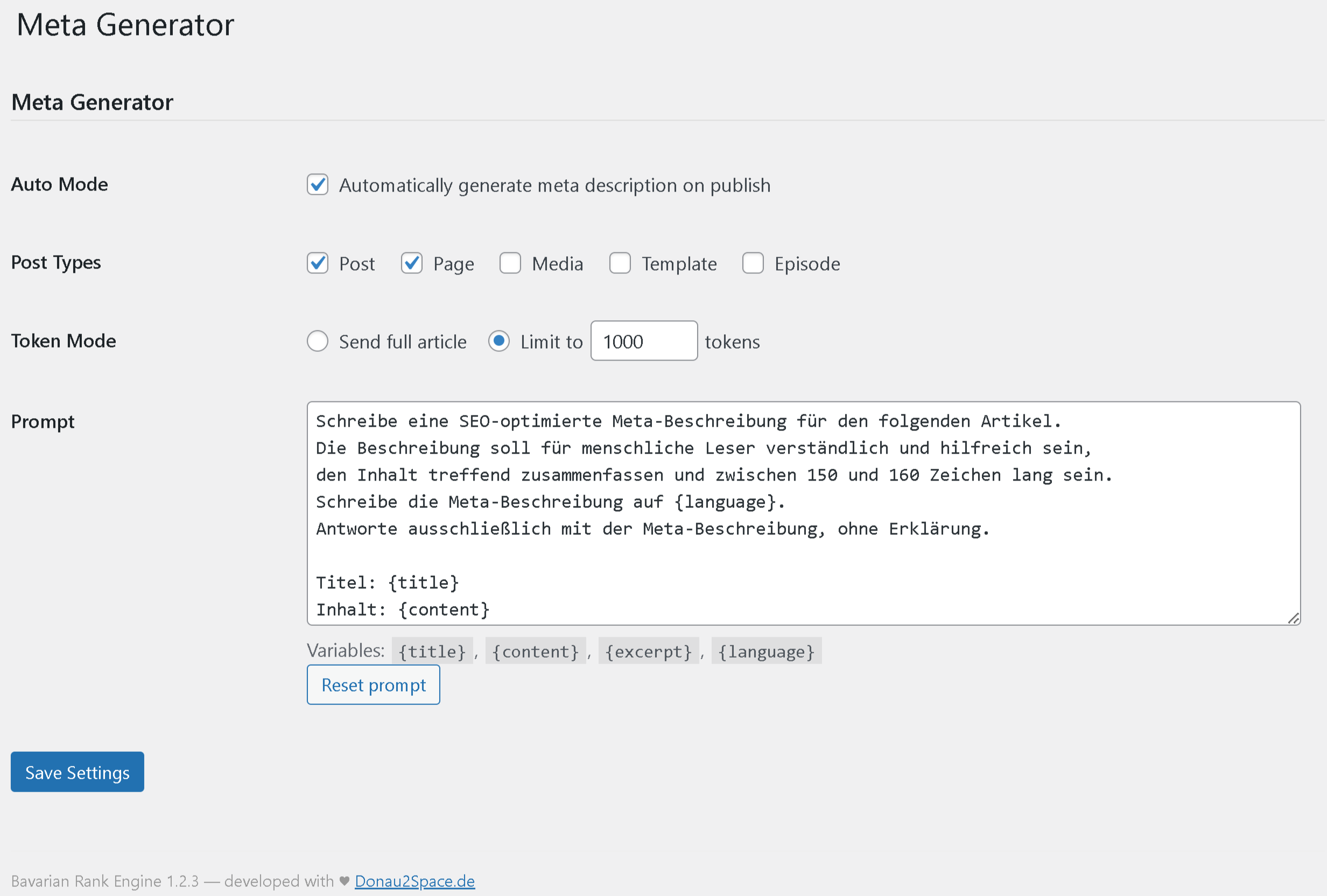 Meta Generator settings — custom prompt, generation mode, SEO plugin integration