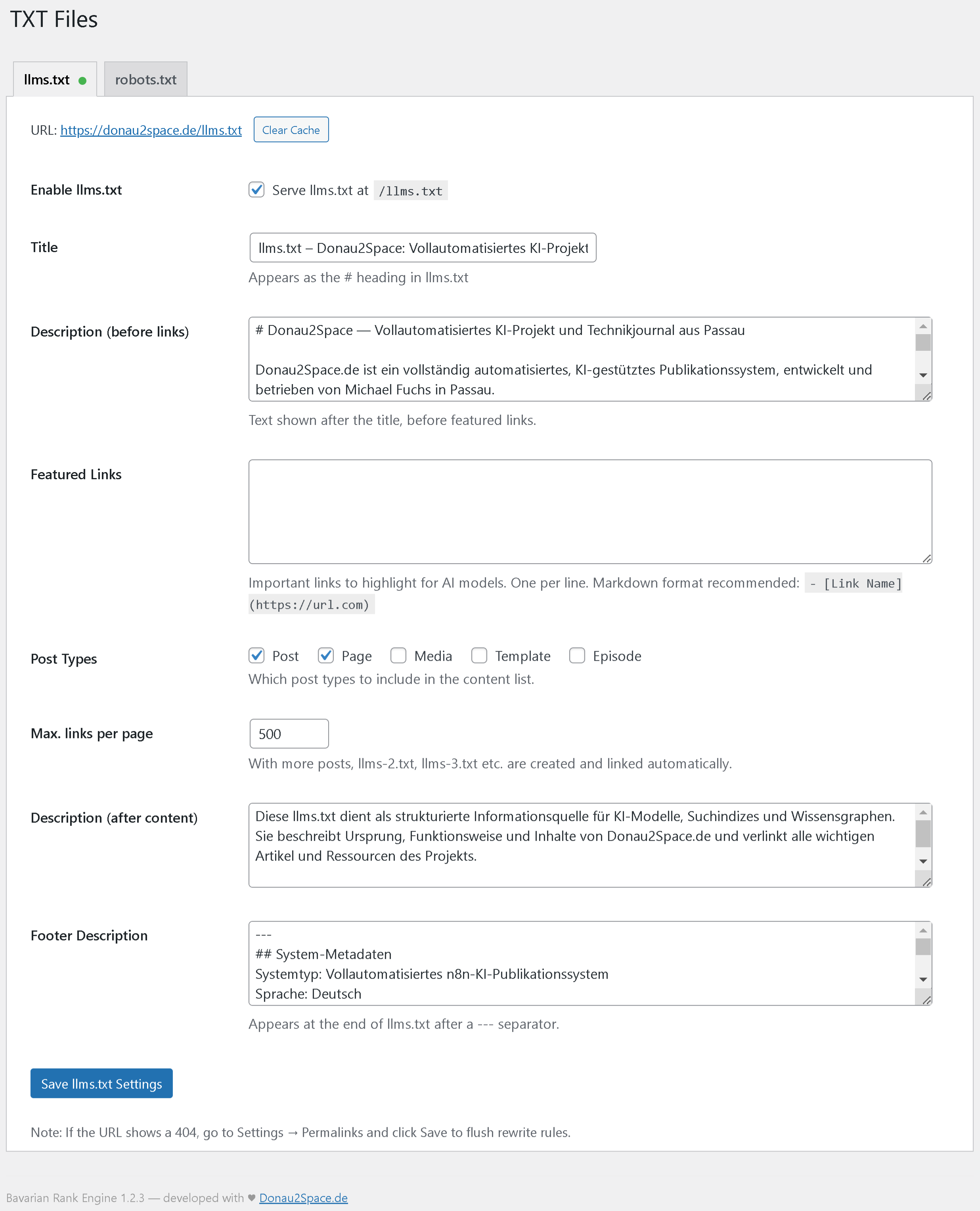 llms.txt configuration — AI content index settings