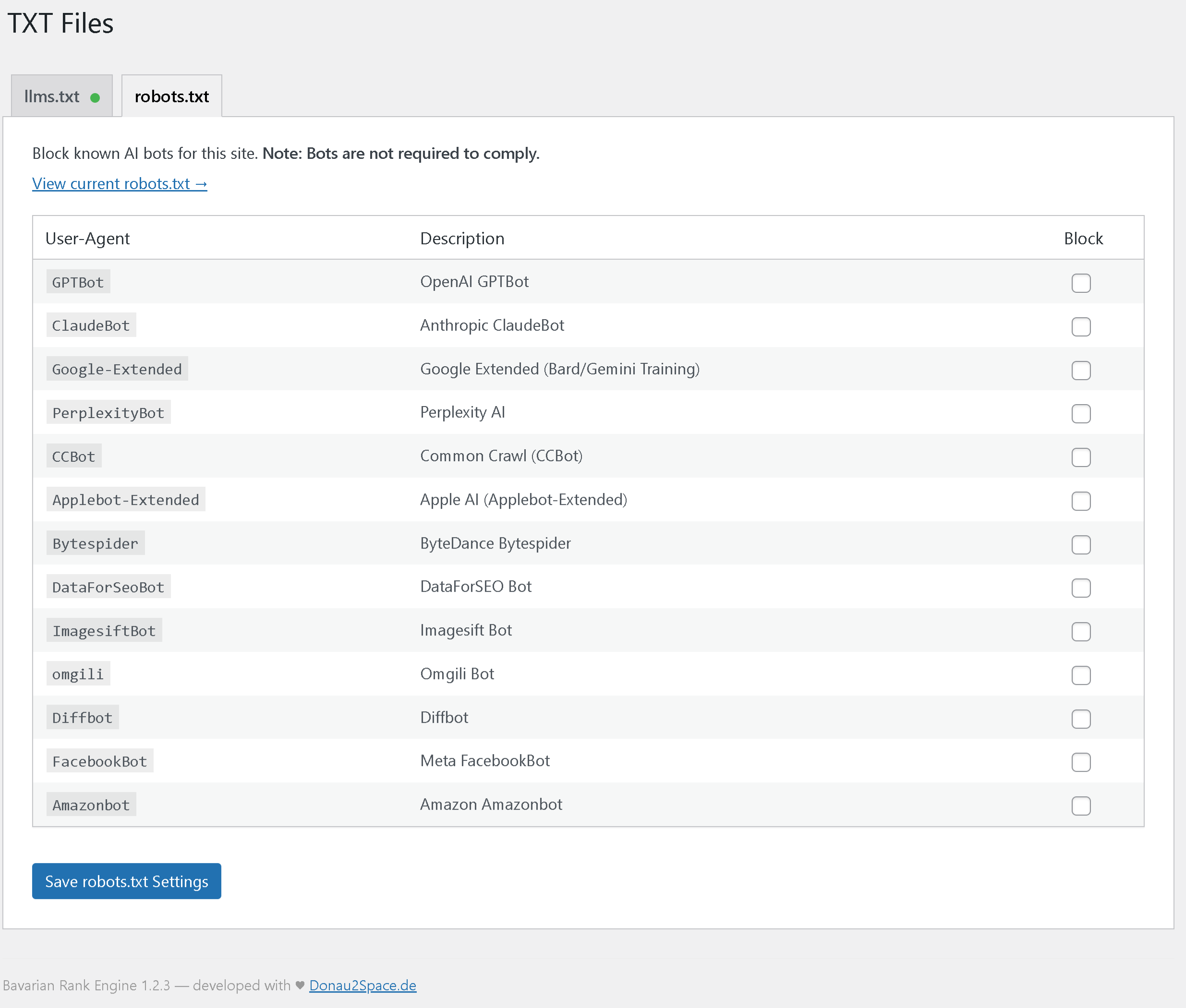 robots.txt manager — block AI crawlers with checkboxes